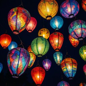 黑暗中漂浮著色彩繽紛、圖案各異的抽象燈籠排列。