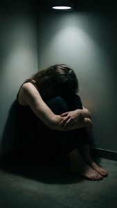 一個人獨自坐在黑暗的房間裡，頭頂有一盞燈。 — 憂鬱 GIF 壁紙