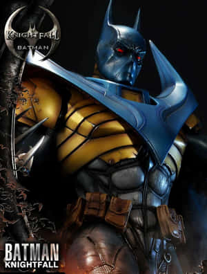 蝙蝠俠 Knightfall 雕像，紅色發光眼睛，藍色金色盔甲。 — Kindle Paperwhite 壁紙
