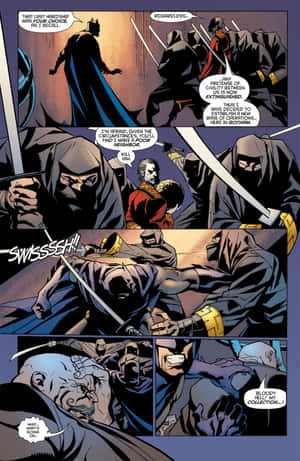 蝙蝠俠在漫畫場景中與蒙面持劍敵人戰鬥。 — Galaxy Z Fold 8 壁紙