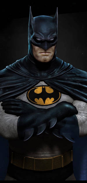 蝙蝠俠身穿全套服裝，雙臂交叉，背景黑暗。 — 未來蝙蝠俠 GIF 壁紙