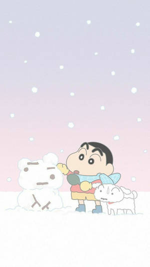 蠟筆小新和他的狗在雪地裡與雪人玩耍。 — 冬季美學 壁紙