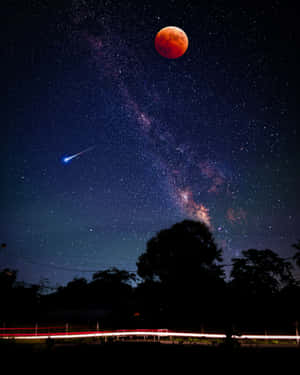 血月和流星在繁星點點的夜空上，伴隨樹影和光跡。 — 月光 壁紙