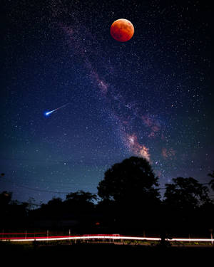 血月與流星在星空中，有樹木剪影和光跡。 — 月光 壁紙