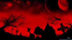 夜間紅月下蝙蝠飛翔的墓地剪影。 — 萬聖節恐怖 壁紙