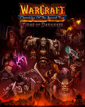 Warcraft 遊戲封面，展示獸人戰士與黑暗魔法和熔岩戰鬥。 — 電玩遊戲 GIF 壁紙
