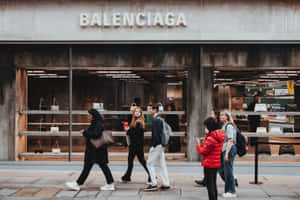 人們走過 Balenciaga 商店，玻璃櫥窗內展示著奢華手提包。 — 巴黎世家 壁紙
