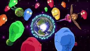 大眼睛的外星人在充滿活力的太空場景中圍繞地球運行。 — 沙漠 壁紙
