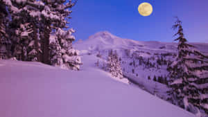 滿月下的雪山谷，暮色中 — 冬季風景 壁紙