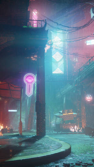 夜晚霓虹燈照亮賽博龐克小巷，伴隨著雨水和發光的招牌。 — 電玩遊戲 GIF 壁紙