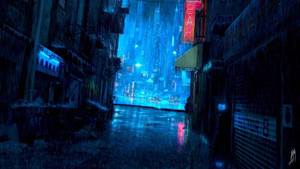 雨中的霓虹小巷通向夜晚閃耀的未來城市。 — 霓虹藍動畫 壁紙