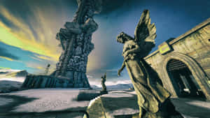 石天使雕像站在雪覆蓋的廢墟中，在暮色天空下。 — 電玩遊戲 GIF 壁紙