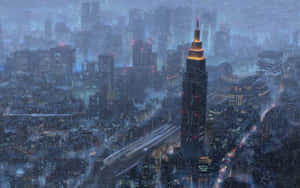 夜晚，雪落在未來主義的城市上，摩天大樓閃閃發光。 — 新海誠 壁紙