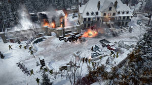 士兵在雪村中戰鬥，建築物燃燒並發生爆炸。 — 英雄連隊 壁紙
