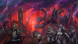 幻想軍隊的裝甲戰士和角惡魔在暴風雨般的紅天下伴隨閃電衝鋒。 — 全軍破敵 戰錘 壁紙