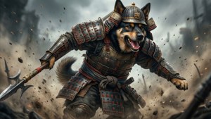 身穿戰鬥盔甲的武士狗戰士在塵土飛揚的戰場上揮舞斧頭。 — 動漫狗 壁紙