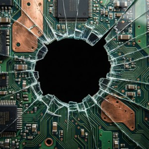 綠色電路板上的一個破碎玻璃洞露出黑色虛空。 — 碎屏 壁紙