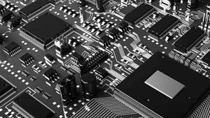黑白電路板的特寫，帶有銀色路徑和元件。 — 電路板 壁紙