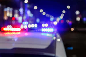 夜間警車燈光閃爍紅藍色，帶有模糊的城市燈光。 — 制裁者 壁紙
