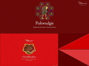 Pottermore Pukwudgie和葛萊芬多學院徽章在紅色紋理背景上。 — 葛來分多 壁紙