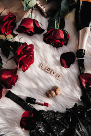 紅玫瑰、黑色蕾絲和香檳瓶圍繞著白色毛皮上的「LOVE」字樣排列。 — Huawei MatePad 11.5 (2025) 壁紙