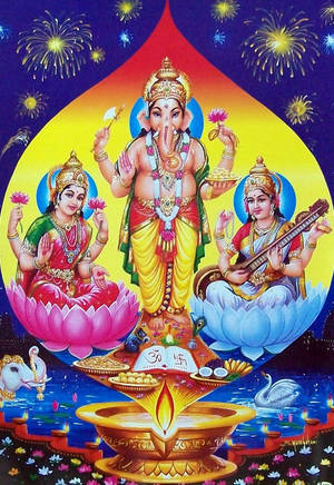 印度教神祇伽內什與女神以煙火和迪亞燈慶祝。 — Maa Durga 壁紙