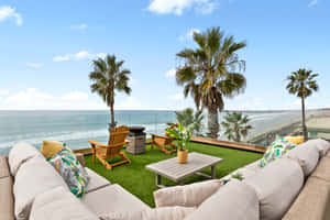 海濱屋頂酒廊，設有棕櫚樹和海洋景觀。 — 海灘度假 壁紙