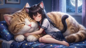 戴貓耳的女孩晚上在星空床上睡在巨貓旁邊。 — 動漫貓 壁紙