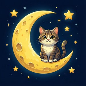 一隻卡通貓坐在彎月上，夜空中有星星。 — 矢量藝術 壁紙