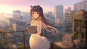 貓耳動漫少女在夕陽下，於屋頂上抱著一個毛絨貓咪，背景是城市景觀。 — 8K 壁紙