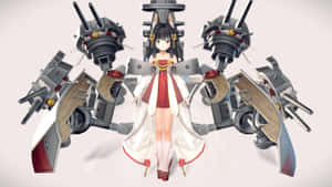 身穿和服的動漫少女被艦炮塔包圍。 — 可愛動漫女孩 壁紙