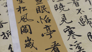 質感米色紙上中國毛筆書法的特寫，帶有花卉圖案。 — 中文 壁紙