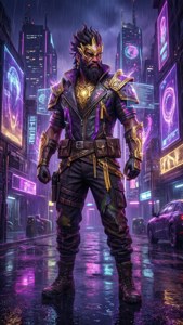 一位身穿金色盔甲的賽博龐克戰士，站在下雨的霓虹城市街道上。