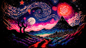蜿蜒小徑通往山間村莊，上方是充滿活力的宇宙夜空，旋轉的星星和發光的太陽閃耀其中。 — 美學天空 壁紙