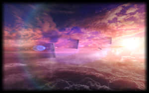 色彩繽紛的日落天空中漂浮的幾何形狀，下方有雲朵。 — 冬季風景 壁紙