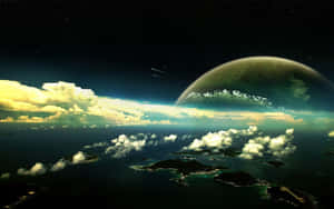 一顆行星在發光的海洋上升起，散落著島嶼和雲朵，星空下。 — 2560x1600 壁紙