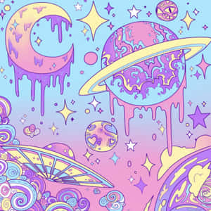 夢幻宇宙插圖中滴落的柔和色行星、星星和UFO。 — 哥德式動圖 壁紙