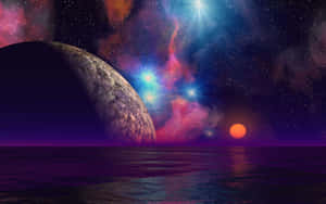 在巨大月亮和彩色星雲下的宇宙海洋，地平線上有發光的太陽。 — 酷炫太空 壁紙