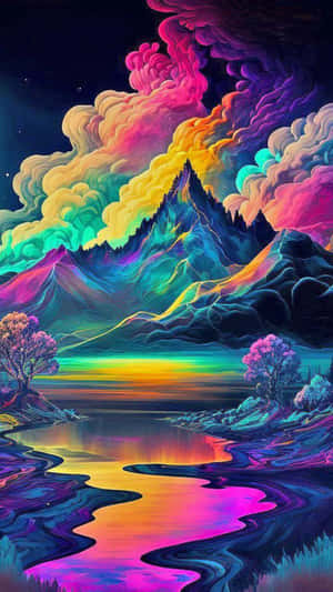 霓虹山脈和雲彩在星空下映照在發光的河流中。 — 美學天空 壁紙