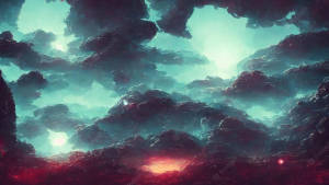 超現實的天空，發光的青綠色雲朵和火紅的地平線。 — 美學雲朵 壁紙