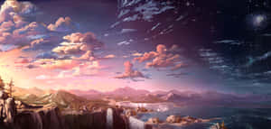 粉紅色的雲朵在星空下飄過山脈和發光的湖泊。 — 聖安東尼奧 壁紙