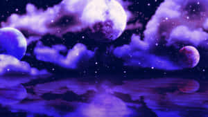 紫色天空，月亮和星星倒映在水中 — 午夜 壁紙