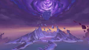 旋轉宇宙漩渦下的紫色山脈，漂浮岩石和發光線條。 — 電玩遊戲 GIF 壁紙