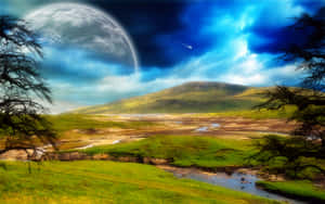 奇幻風景，巨大的月亮和彗星在綠色山丘和河流上空。 — 迷失太空 壁紙