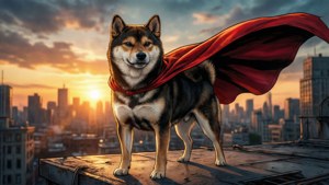 柴犬披著紅色斗篷站在日落時分的城市屋頂上。 — 狗狗迷因 壁紙