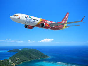 越南航空飛機飛越熱帶島嶼和海洋。