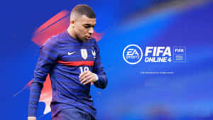 足球員基利安·姆巴佩身穿法國藍色球衣，為FIFA Online 4遊戲宣傳。 — 我們之中遊戲 壁紙