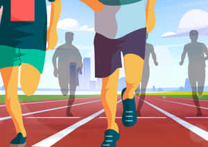運動員在紅色跑道上奔跑，背景是城市天際線。 — Running 壁紙