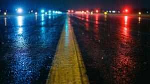 夜間潮濕跑道標線與燈光的特寫 — 伸展台 壁紙