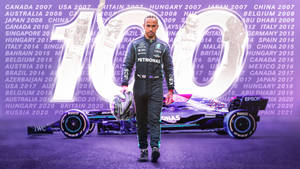 路易斯·漢米爾頓以他的F1賽車和賽車歷史背景慶祝100場勝利。 — 數位藝術 壁紙